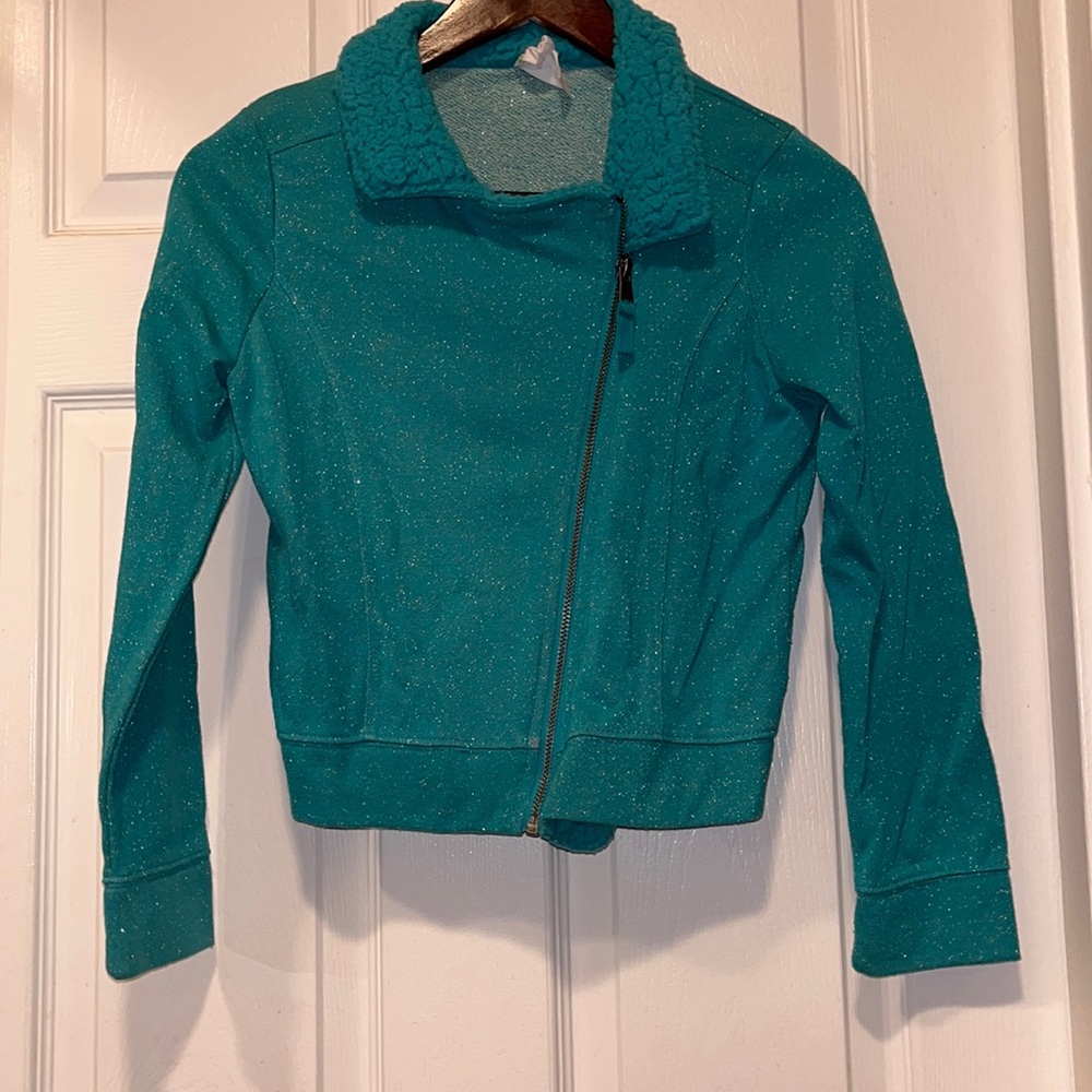 Gently used girls jacket metallic turquoise size 10/12